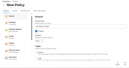 Jamf Pro New Policy screen showing the Options tab with general settings for an uninstall policy.